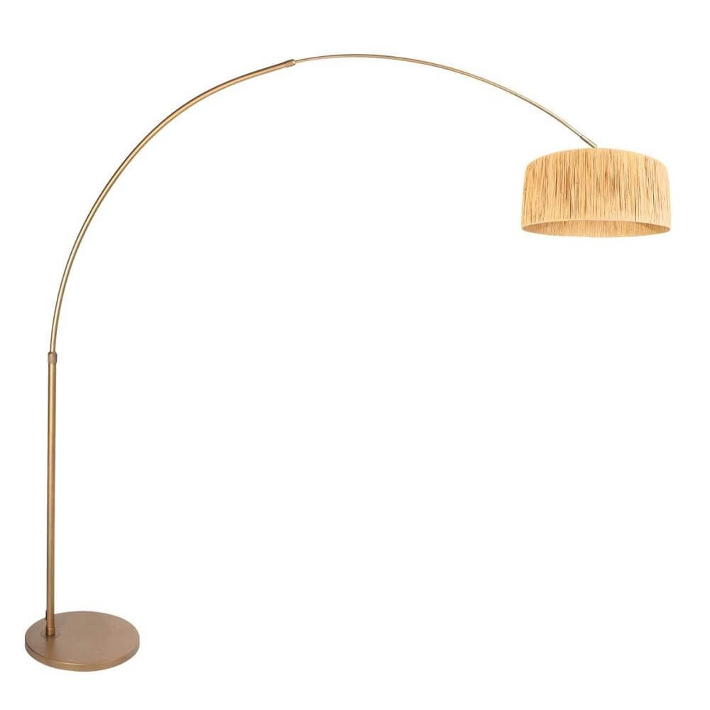 Bogenlampe Sparkled Light Bronze mit strohfarbenem Schirm