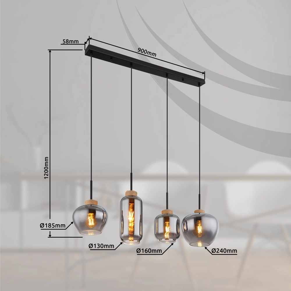 Design-Pendellampe Matt 4-Licht Schwarz mit Rauchglas Globo 9007371438518