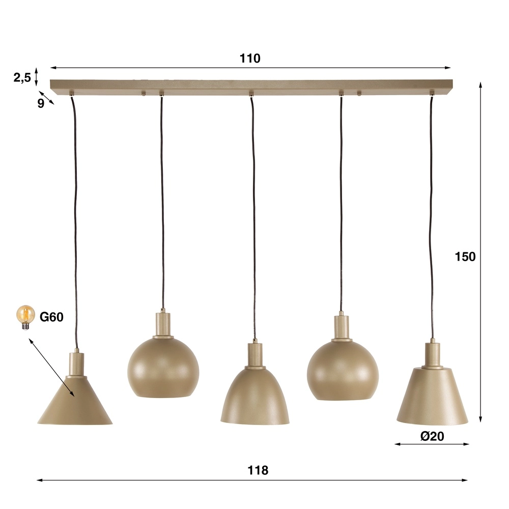 Sand-Pendellampe Metallo Esstisch – 5x E27 Lyora 8716803512320