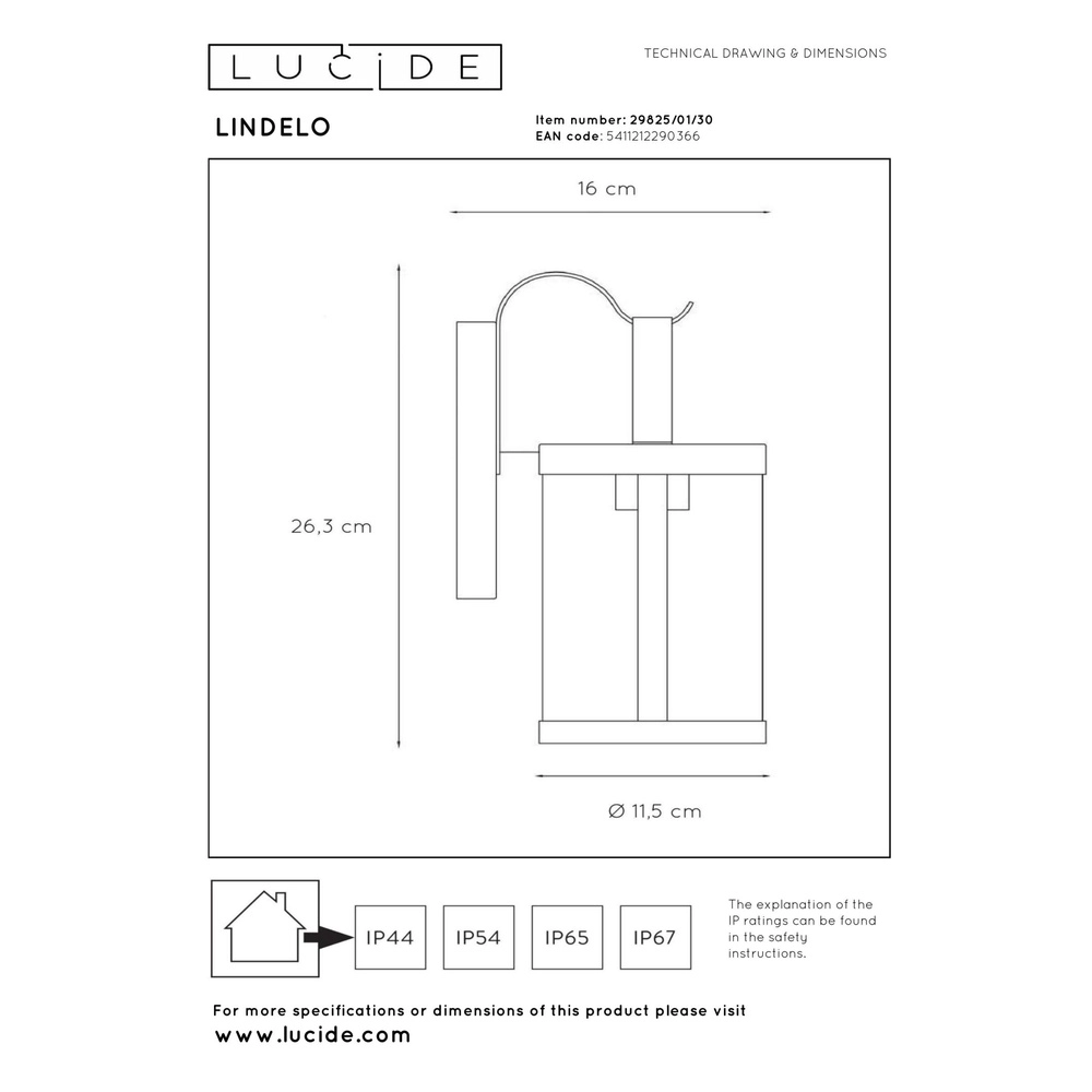 Schwarze Wandlampe Lindelo IP23 Lucide 5411212290366