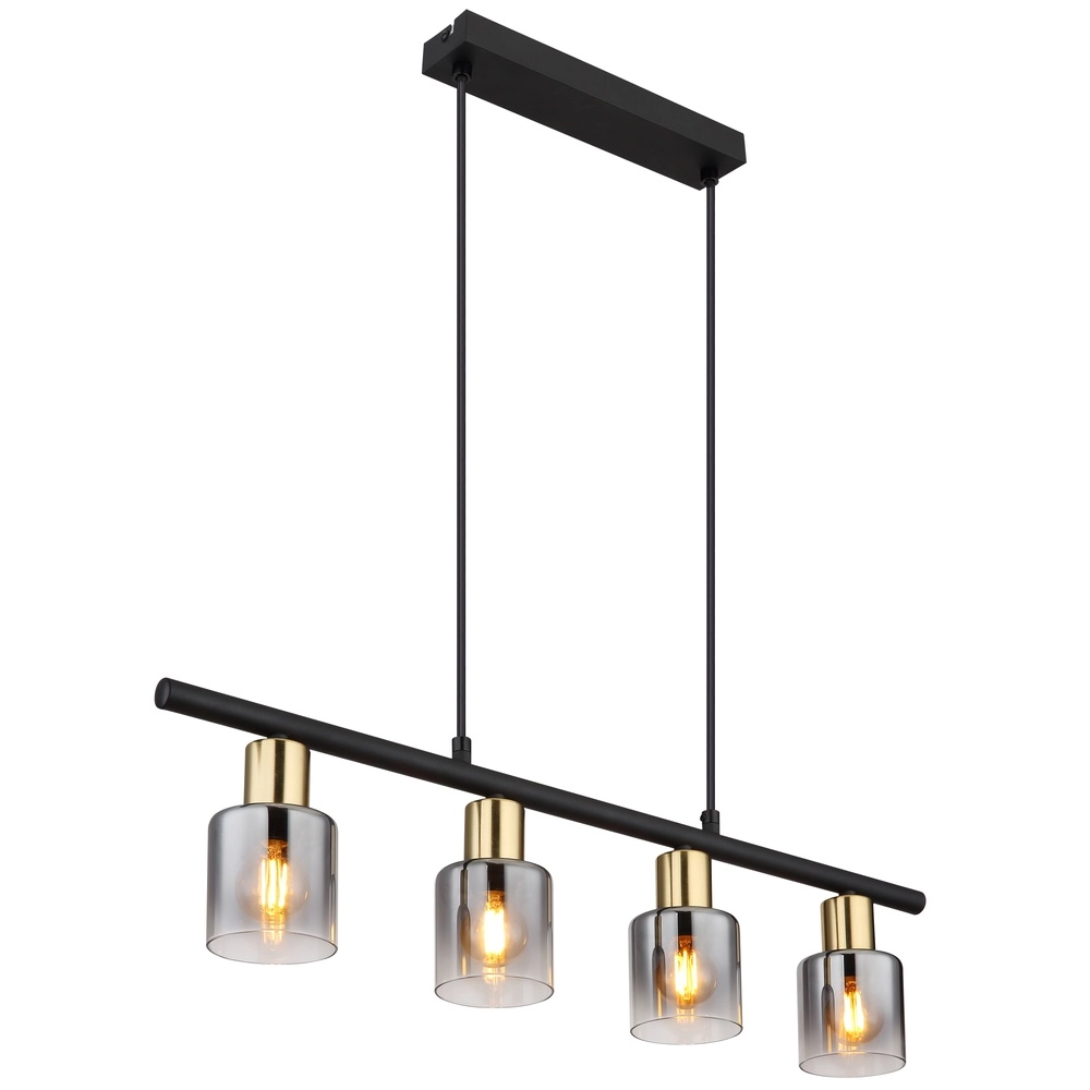 4-Licht Pendellampe Hollsy Schwarz mit Rauchglas