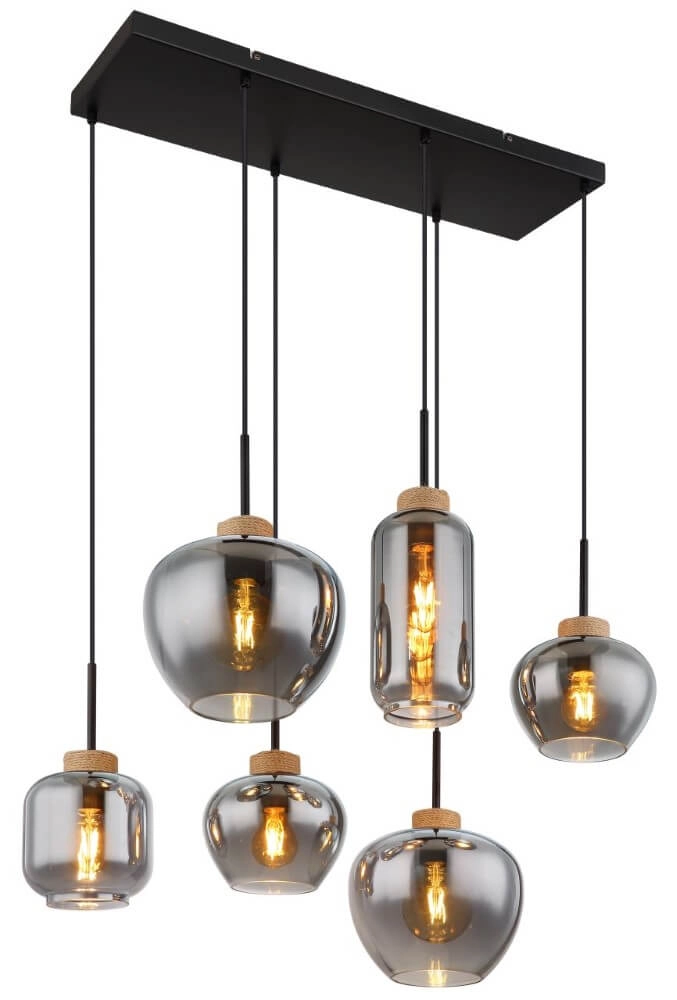 Hängelampe mit 6 Leuchten Matt schwarz mit Holz