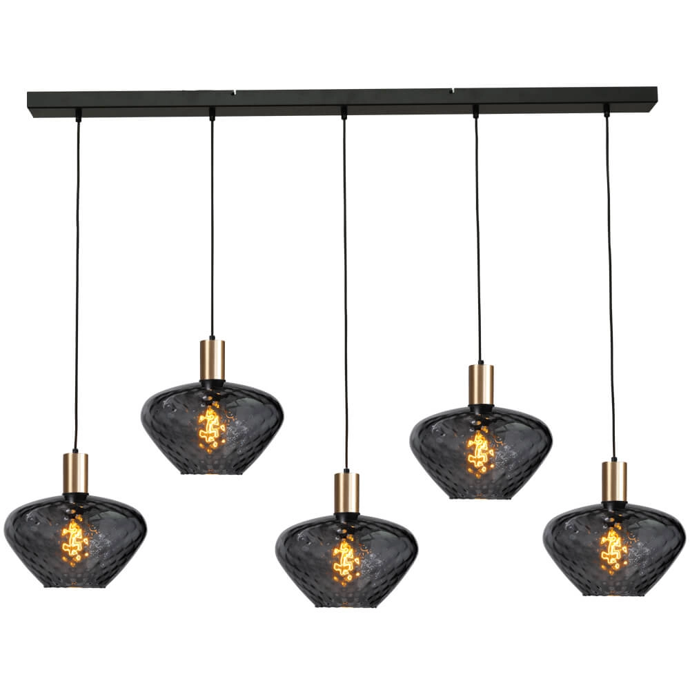 5-flammige Hängelampe - Gold - Porto mit klaren Blossom-Gläsern