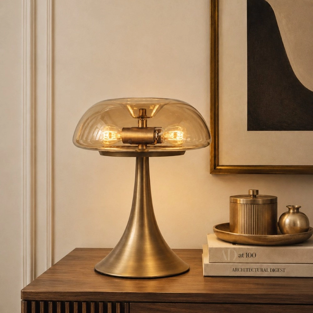 Tischlampe Ancilla Bronze mit Bernsteinglas