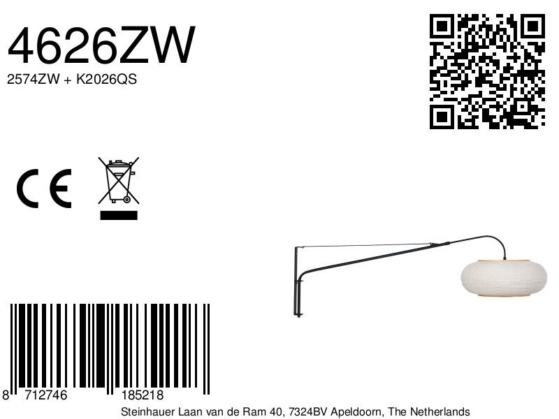 Wandlampe schwarz Silva Alba mit weißem Farbton Ø60 cm Steinhauer 8712746185218