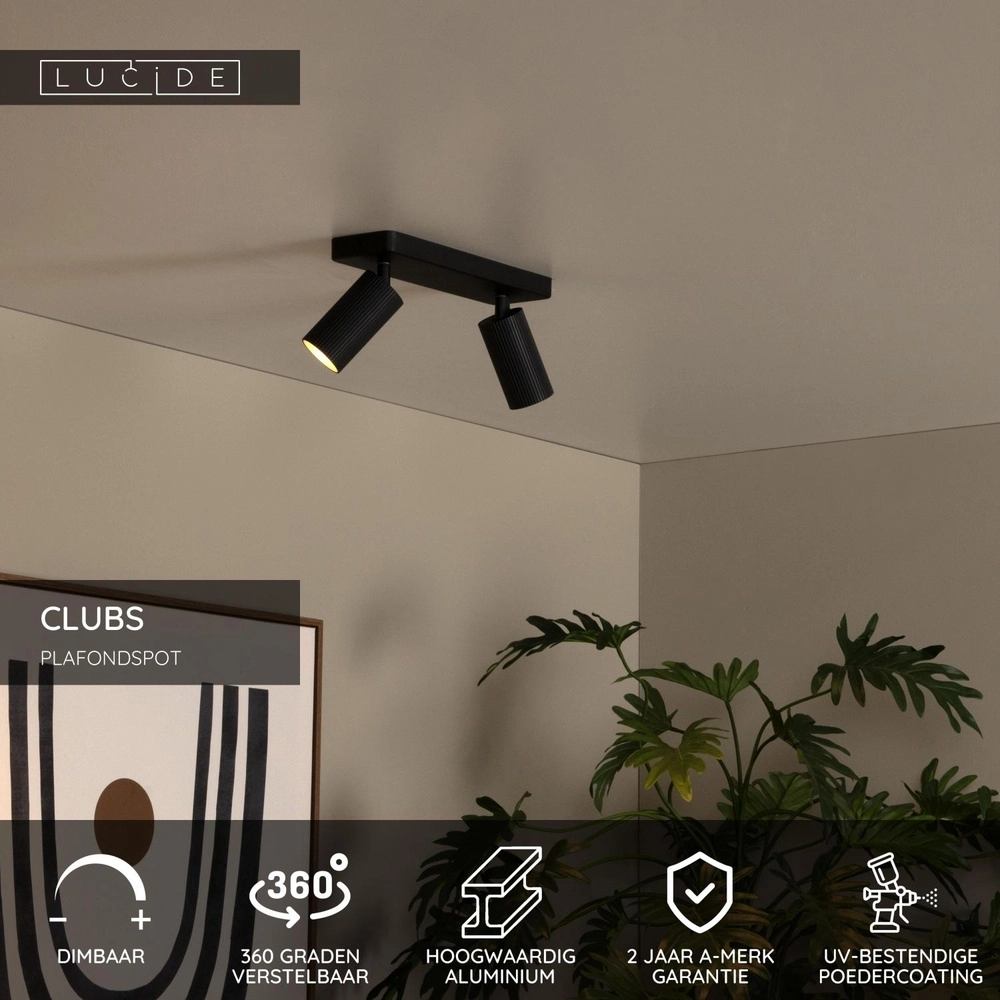 Oberflächenmontierter Deckenspot Clubs 2-Licht Schwarz Lucide 5411212093509