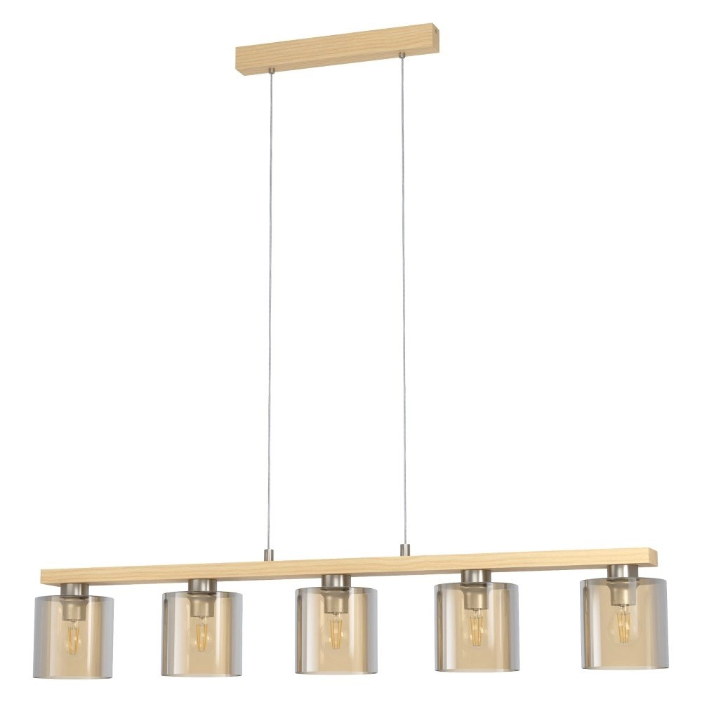 Esszimmer Hängelampe Castralvo Holzbraun mit bernsteinfarbenem Glas Eglo 9008606310050