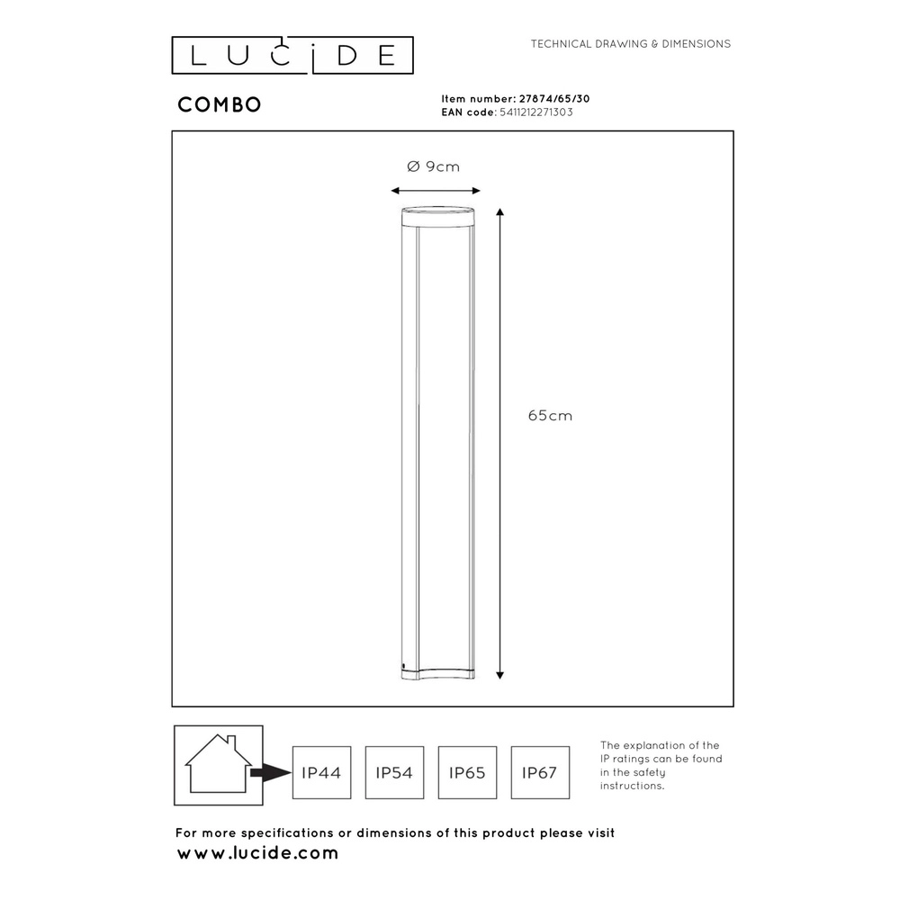 Entwurfspfadbeleuchtung Combo 65 cm schwarz Lucide 5411212271303