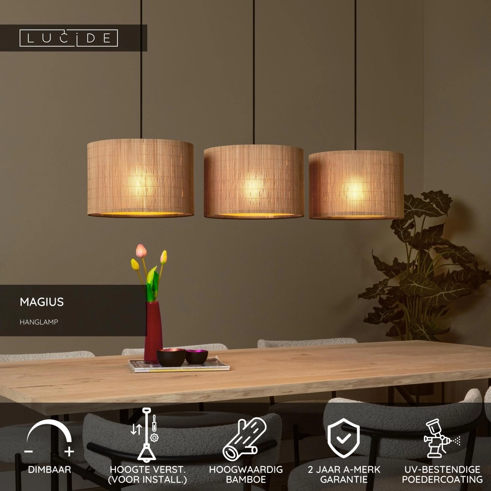 Pendellampe Magius 3-Licht Rattan Lucide 5411212031693
