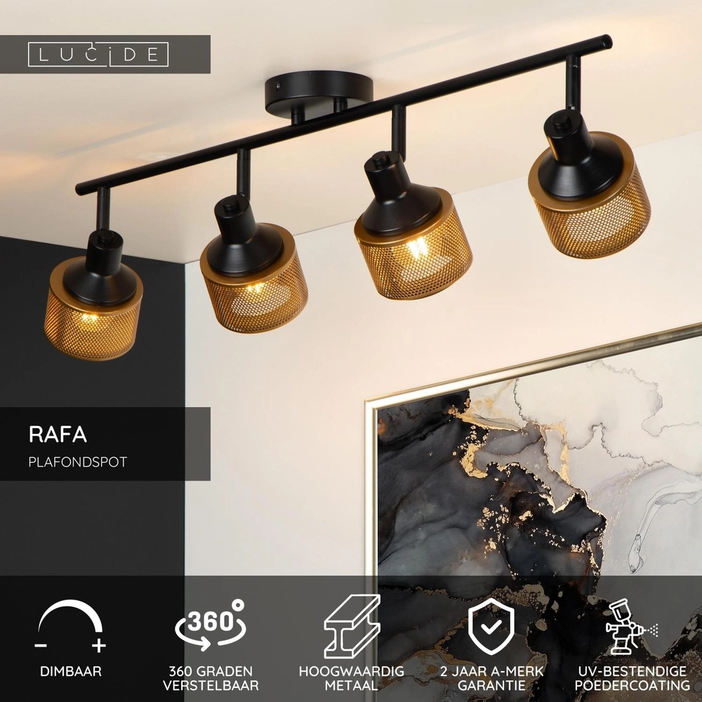 Deckenlampe Rafa 4-Licht Schwarz mit Kupfer Lucide 5411212771308