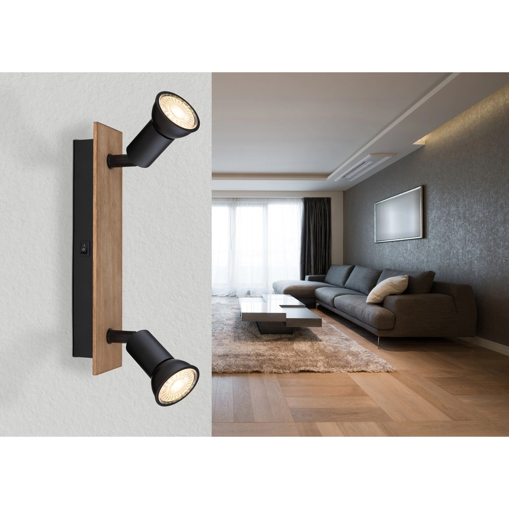 Deckenscheinwerfer Drew Schwarz mit Holz 2-Lichter Globo 9007371430789