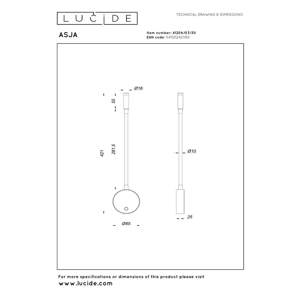 Nachttischlampe Asja dimmbares Schwarz Premium by Lucide 5411212421180