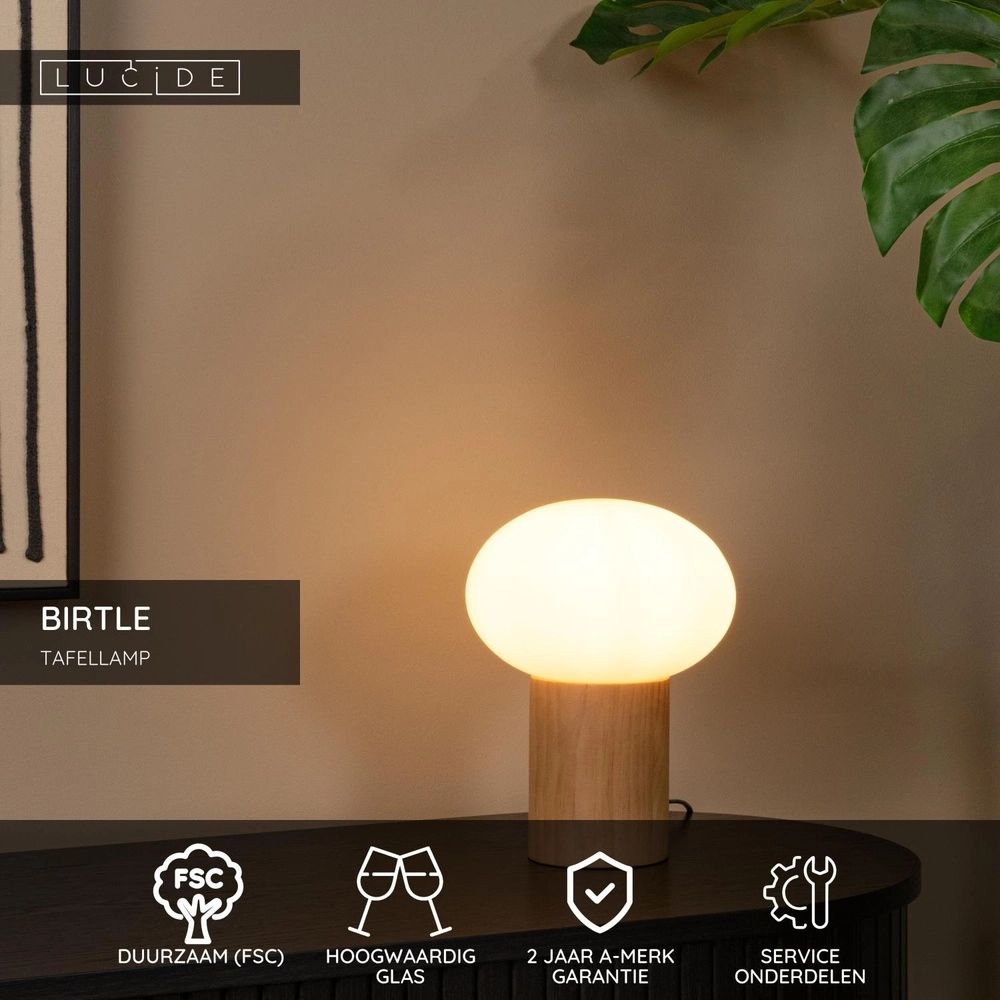 Skandinavische Tischlampe Birtle Helles Holz mit Weiß Lucide 5411212051714