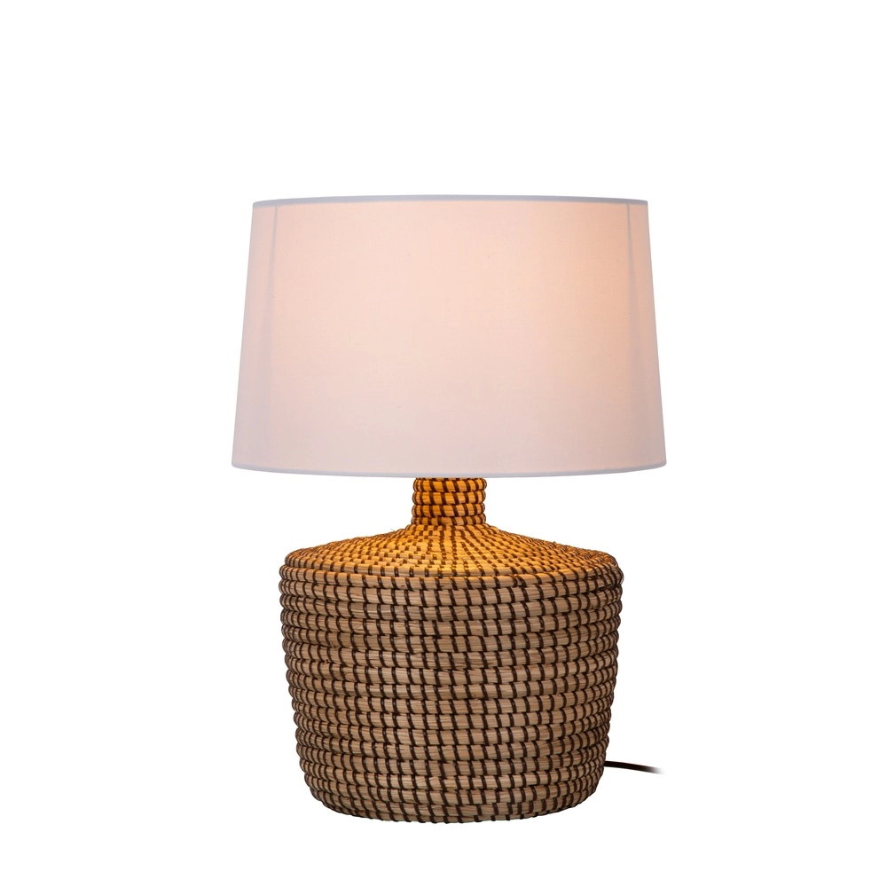 Seegras-Tischlampe Ambala Ø 35cm – braun mit weißem Farbton