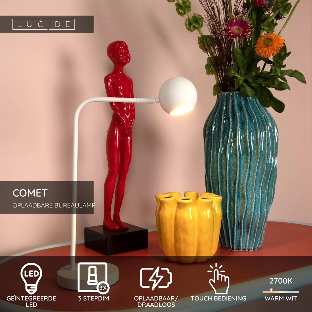 Wiederaufladbare Schreibtischlampe Comet Weiß Lucide 5411212361295