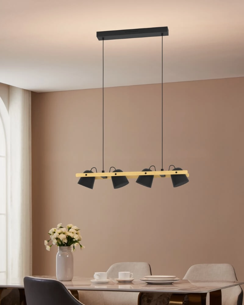 Hängelampe mit 4 Leuchten Hornwood-Z schwarz mit Holz Eglo 9008606274291
