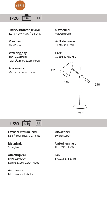 Schlanke Schreibtischlampe Obscur Weiß mit Chrom Artdelight 8719831732739