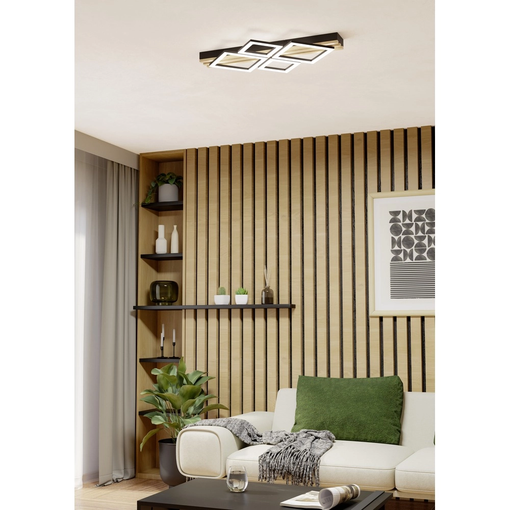 Moderne Deckenlampe Cembrano Schwarz mit Holzquadrat 72 cm Eglo 9008606388202