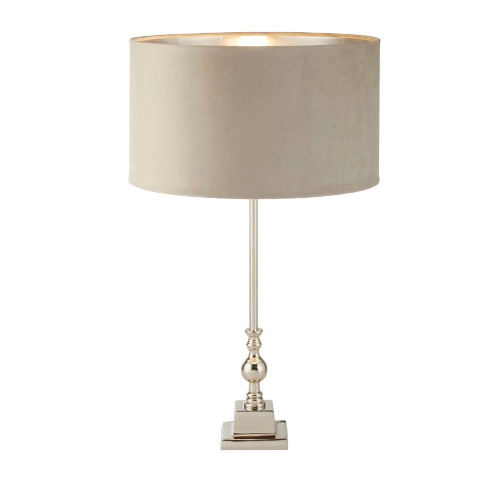 Tischleuchte Chrom Whitby mit taupefarbener Kapuze Searchlight 5053423257662