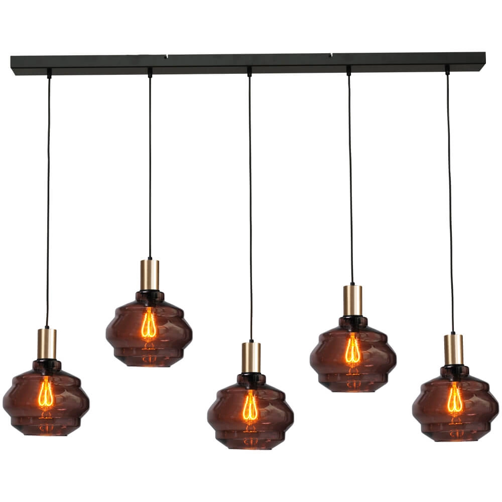 5-flammige Hängelampe - Gold - Porto mit kugelroten Gläsern - Ø 24cm