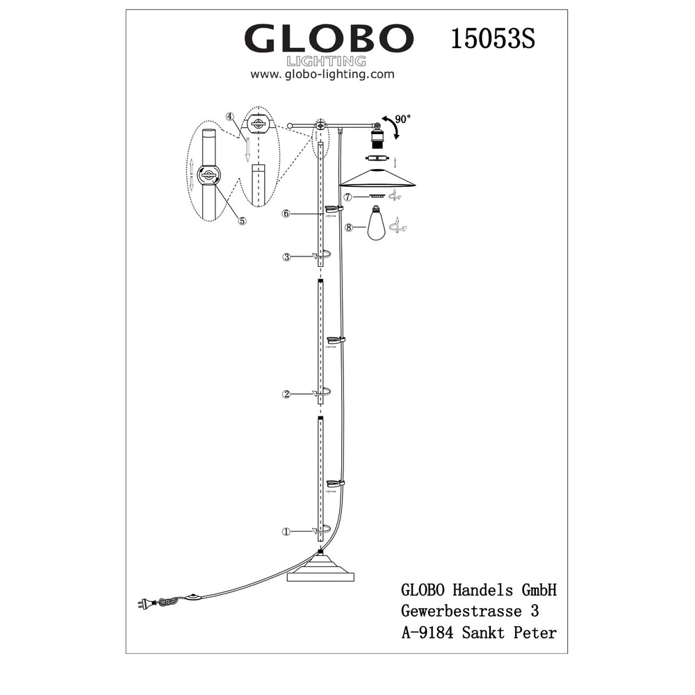 Industrie-Stehlampe Lenius Schwarz mit Gold Globo 9007371336388
