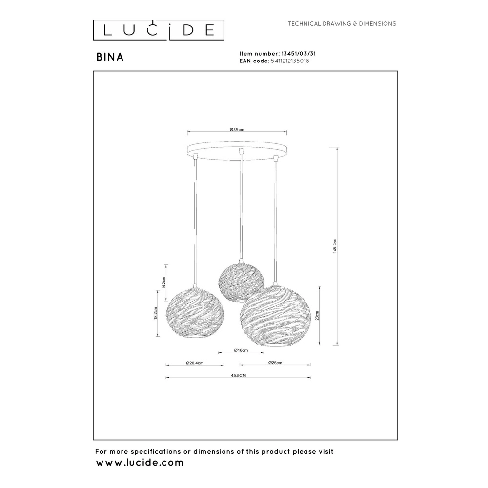 Design-Pendellampe Bina 3-Licht rundes Weiß Lucide 5411212135018