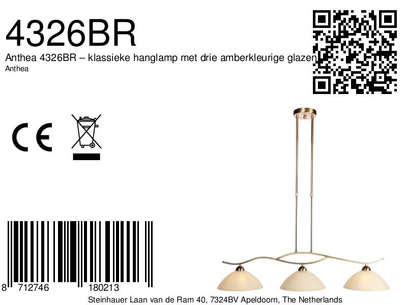 Klassische Pendellampe Anthea 3-Licht Bronze Steinhauer 8712746180213