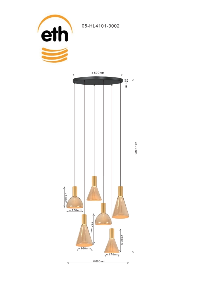 6-Licht-Vide-Lampe Lisa Gold mit bernsteinfarbenem Glas ETH 8720195310204