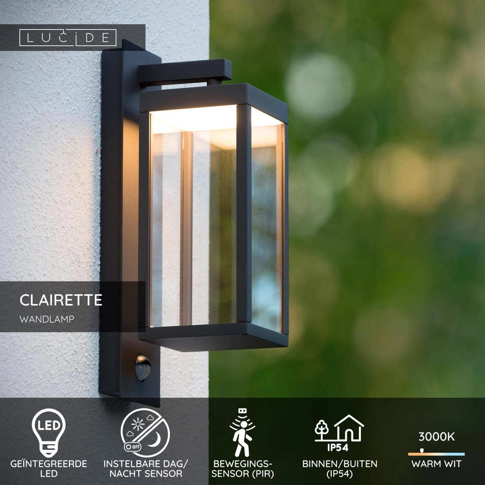 Entwurfswandlampe Clairette Anthrazit mit Bewegungsmelder Lucide 5411212281104