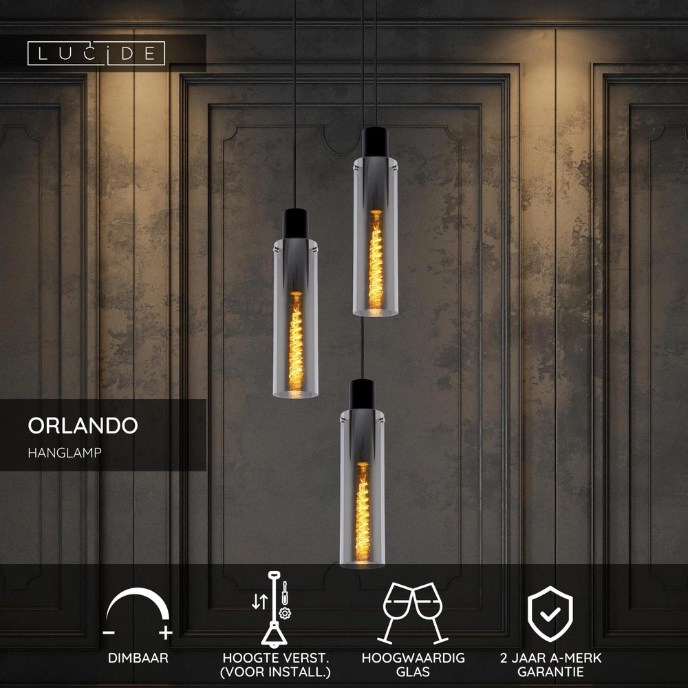3-Licht Pendellampe Orlando Rauchglas Lucide 5411212740731