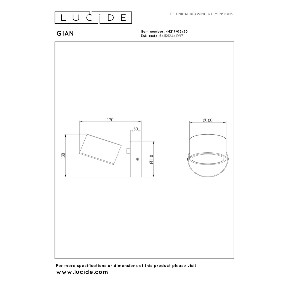 Wandlampe Gian Schwarz Lucide 5411212441997