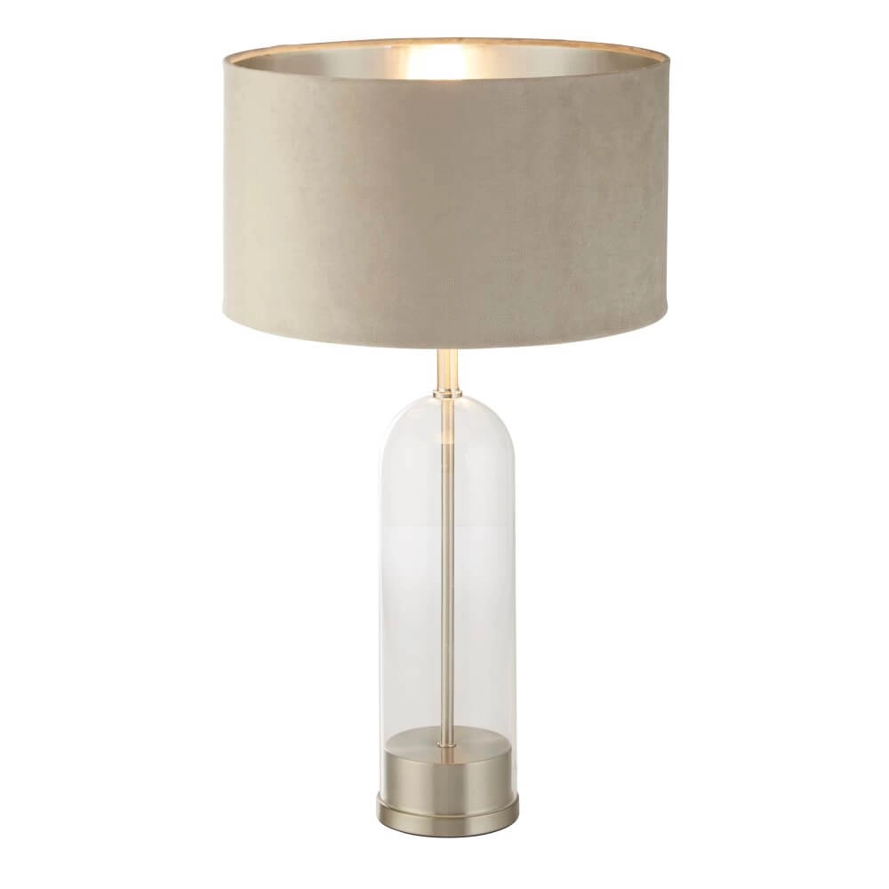 Einzigartige Tischlampe Oxford mit taupefarbener Kapuze Searchlight 5053423256924