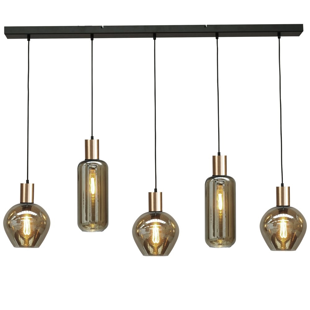 Hängelampe schwarz mit Gold Bounty 5-flammiges Curio-Glas