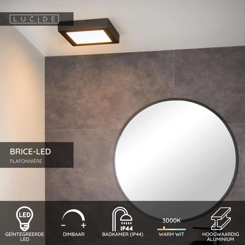 Deckenlicht Brice-Led 22 cm quadratisches IP44-Schwarz Lucide 5411212281265