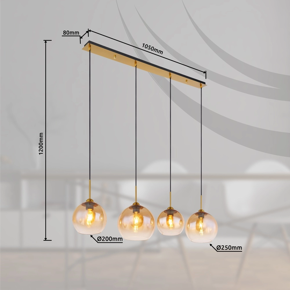 Goldene Pendellampe Jamessa 4-Licht mit bernsteinfarbenem Glas Globo 9007371432691
