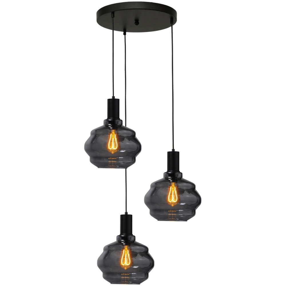 3-flammige Loft-Hängelampe - Schwarz - Porto mit Kugelrauchgläsern - Ø 24cm