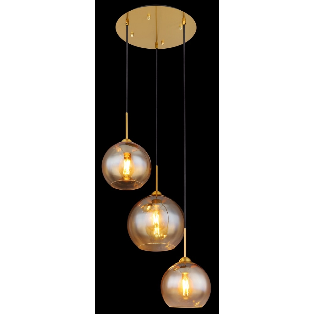 Goldene Pendellampe Jamessa 3-Licht mit bernsteinfarbenem Glas Globo 9007371444687