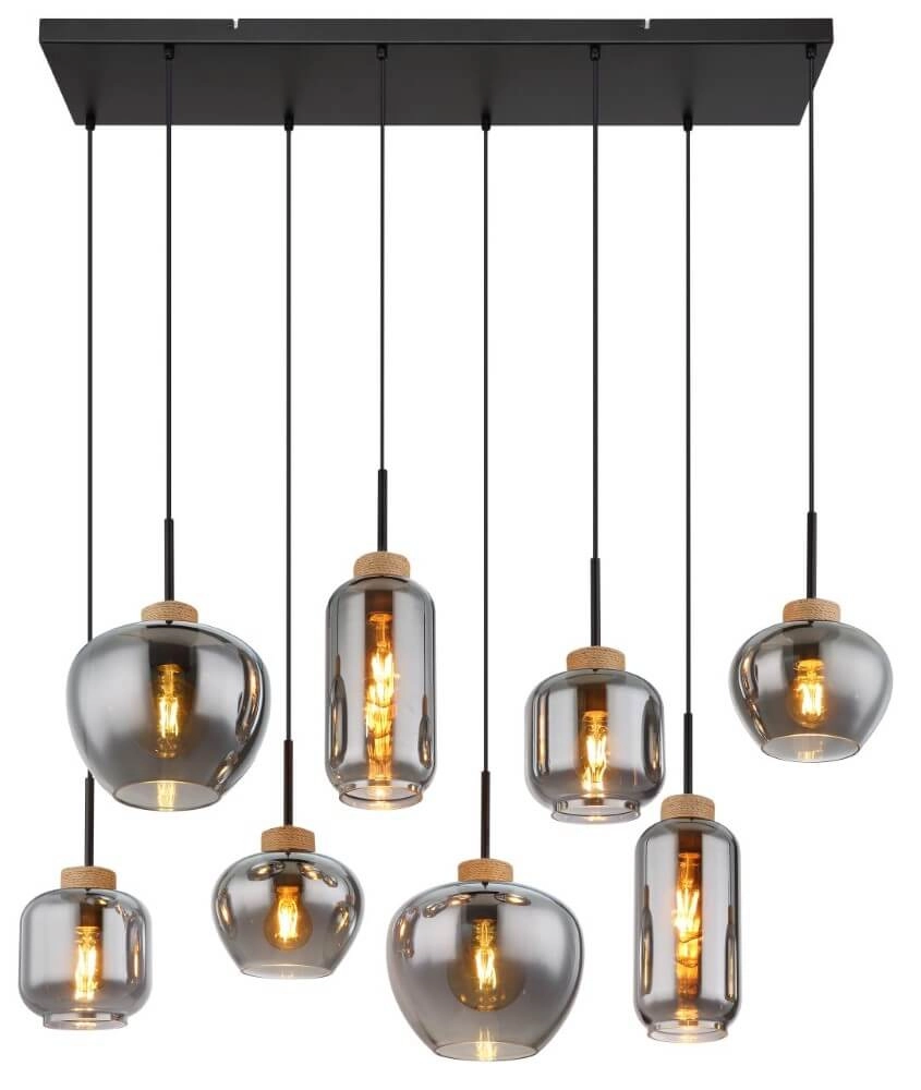 Hängelampe mit 8 Leuchten Matt schwarz mit Holz Globo 9007371444519