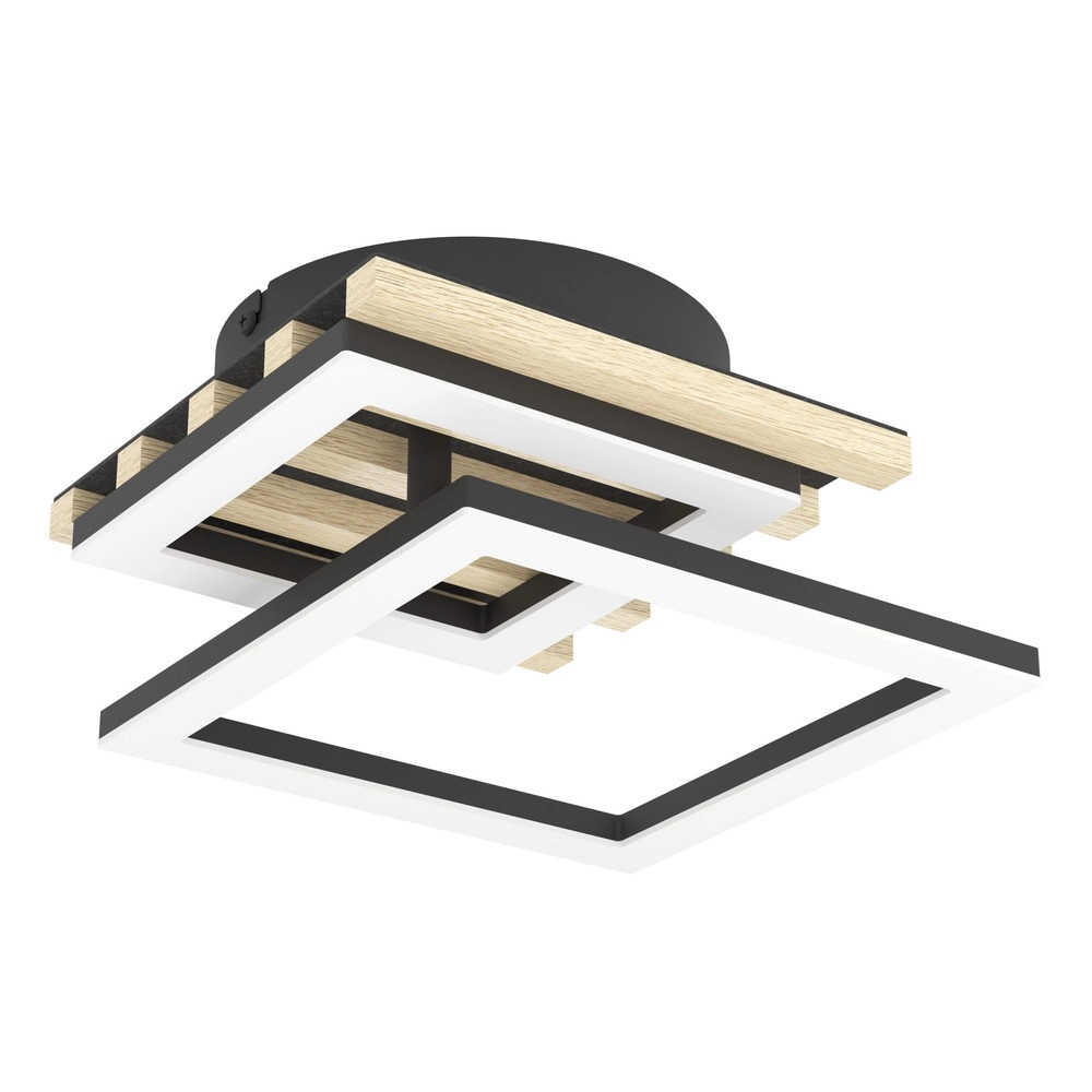 Moderne Deckenlampe Cembrano Schwarz mit Holzquadrat 34 cm