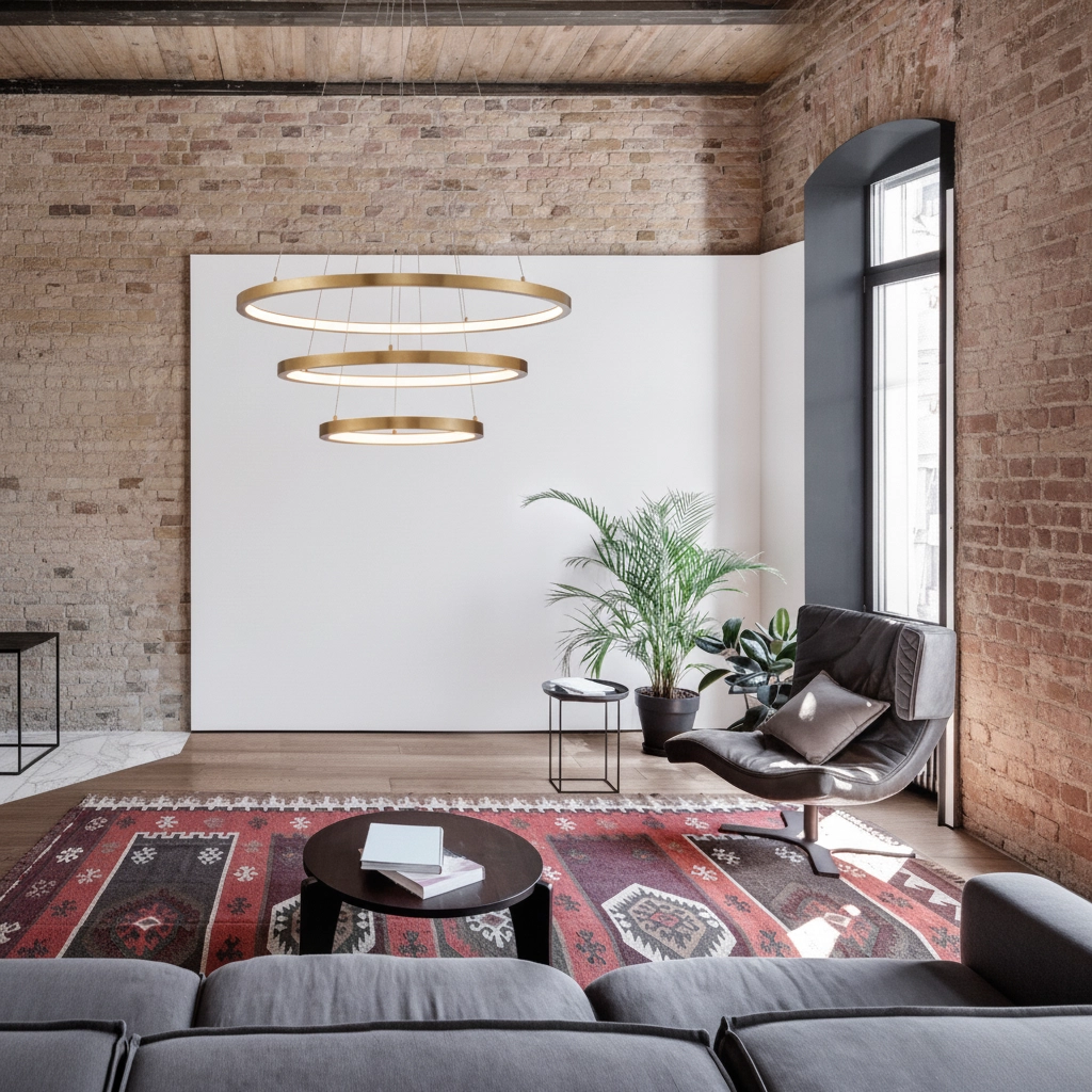 Goldene Pendelleuchte Empatia Design Dreibettzimmer