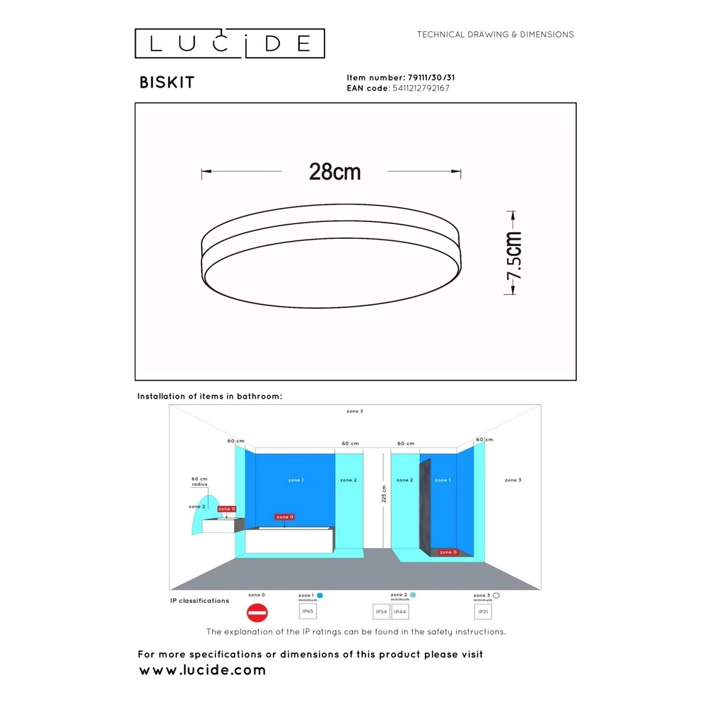 Deckenlicht Biskit Ø 28cm - IP44 weiß Lucide 5411212792167