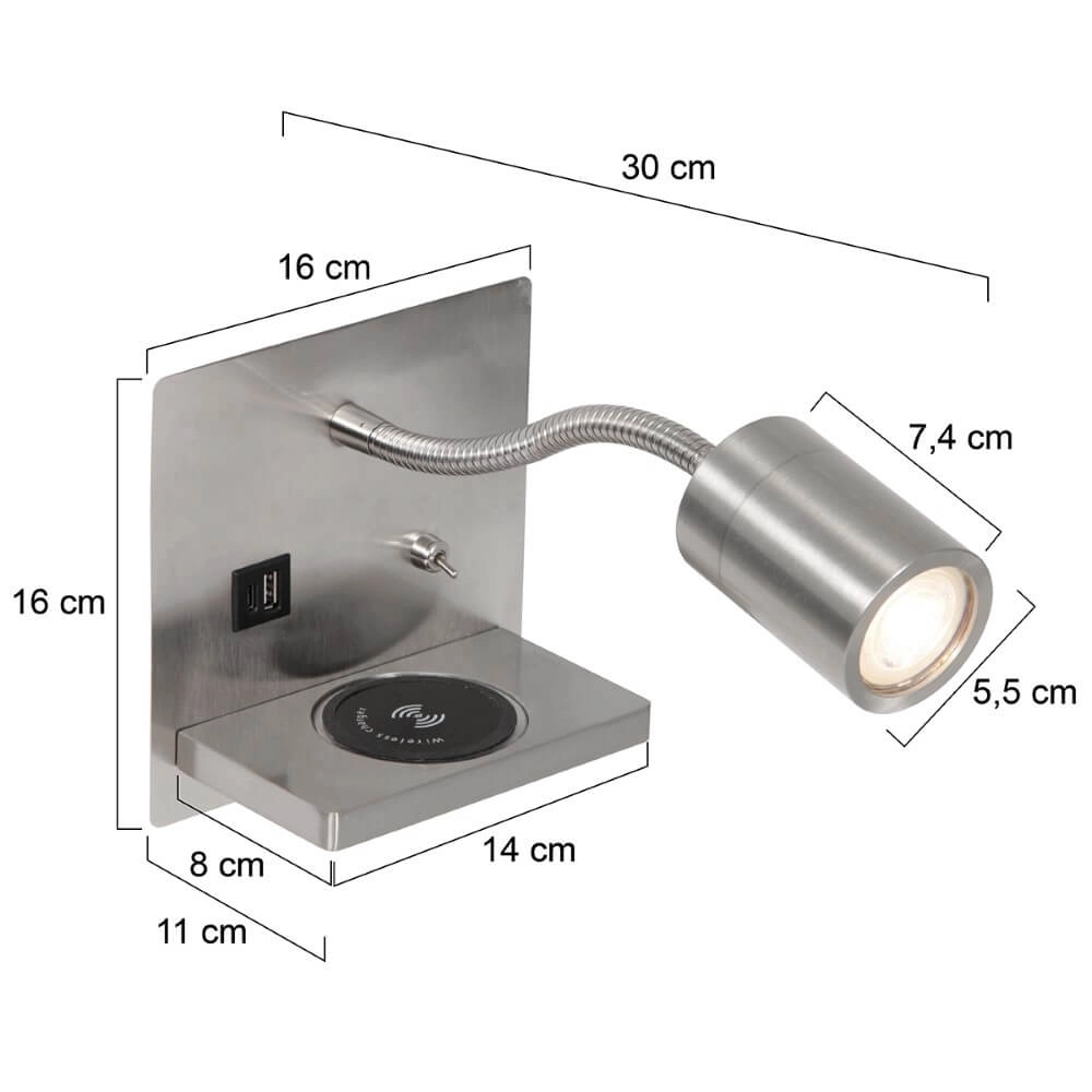 Nachttischlampe aus Edelstahl Upround mit Ladegerät und USB Steinhauer 8712746170443