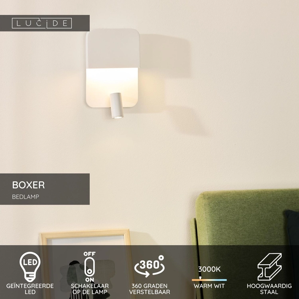 Nachttischlampe Boxer Weiß mit USB-Ladepunkt Lucide 5411212791542