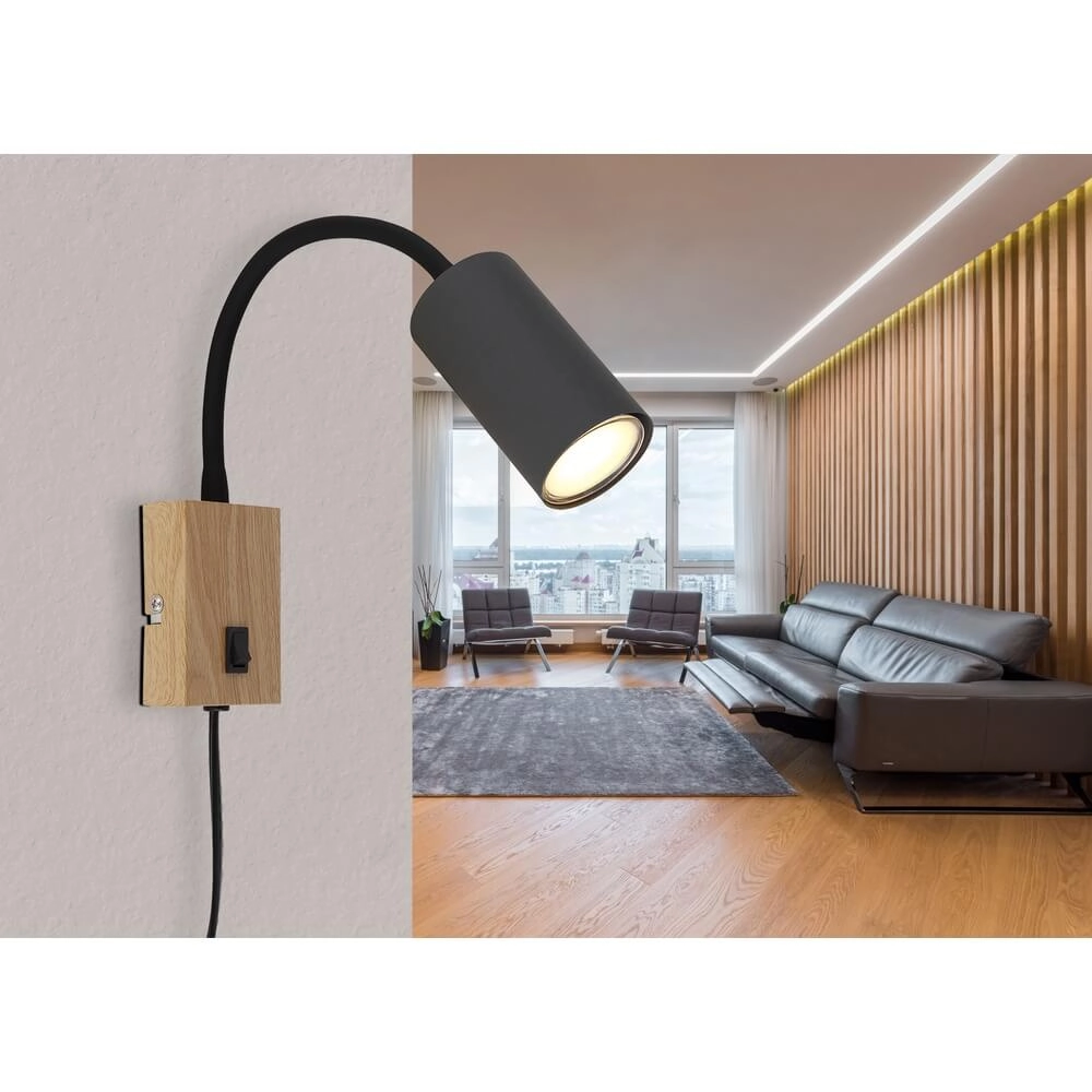 Schwarze Wandleuchte Robby with wood Globo 9007371430574