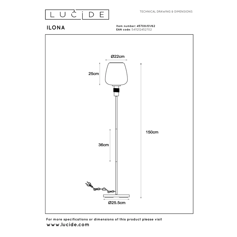 Stehlampe Ilona schwarz mit bernsteinfarbenem Glas Lucide 5411212452702