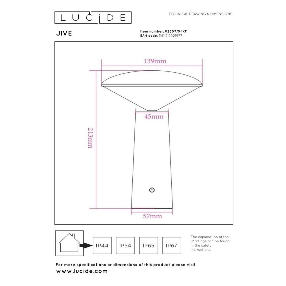 Wiederaufladbare Tischlampe Jive IP44 weiße Lichtfarbe einstellbar Lucide 5411212021977