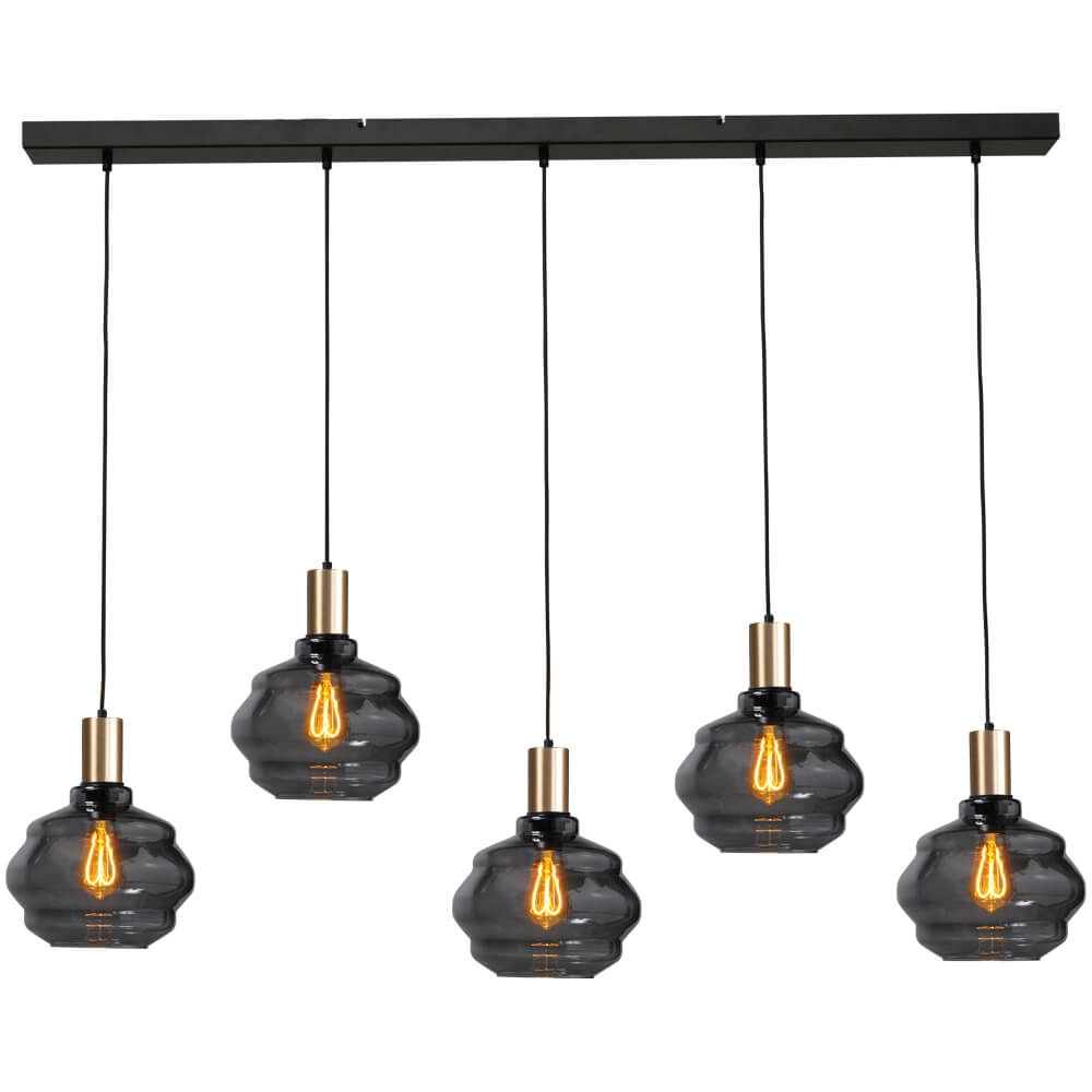 5-flammige Hängelampe - Gold - Porto mit Kugelrauchgläsern - Ø 24cm