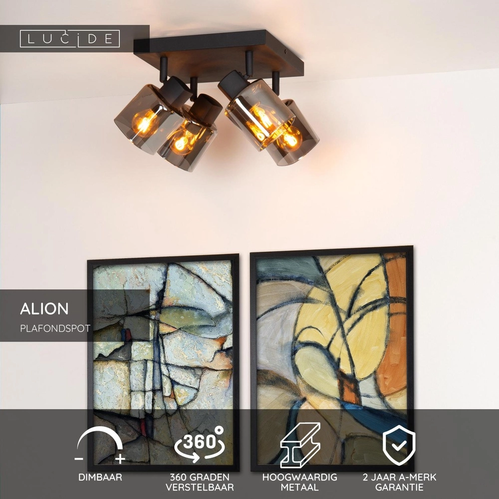 Deckenlampe Alion 4-Licht Schwarz mit Rauchglas Lucide 5411212177018