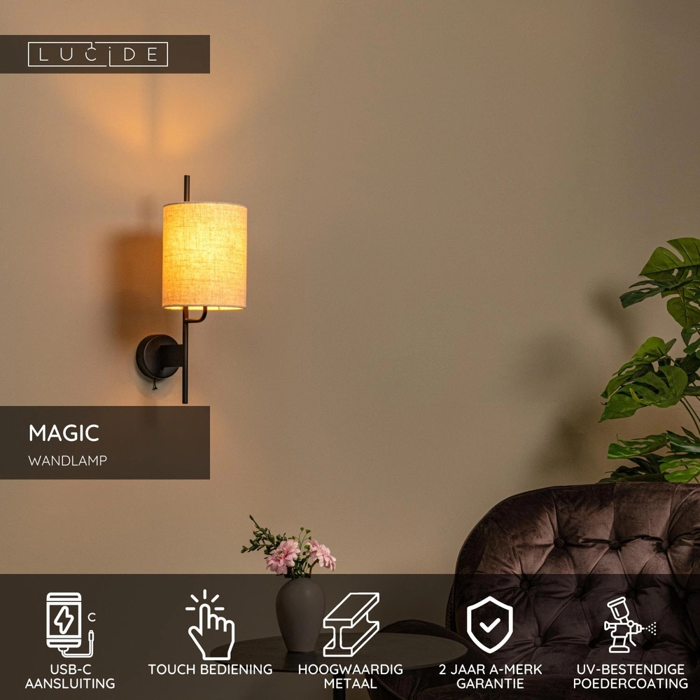 Wandlampe Magic Schwarz mit USB-Ladepunkt Lucide 5411212680051