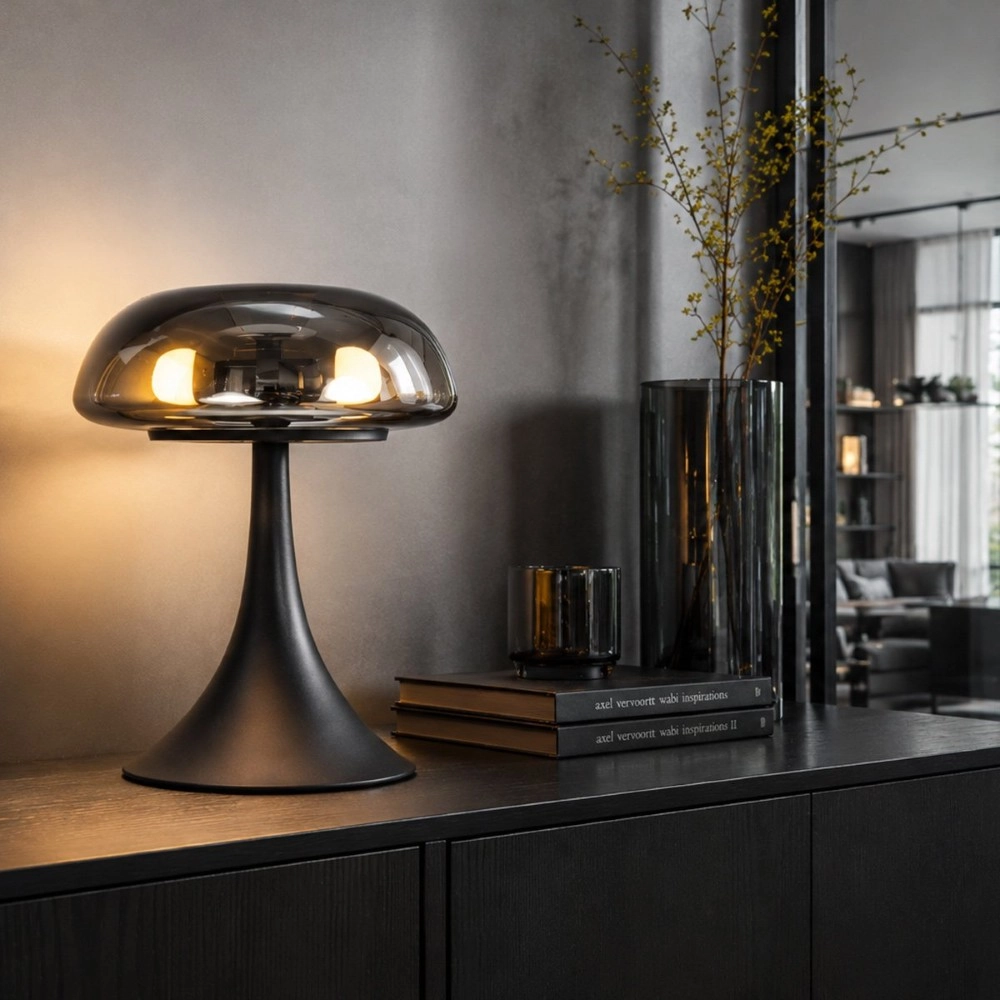 Tischlampe Ancilla Schwarz mit Rauchglas